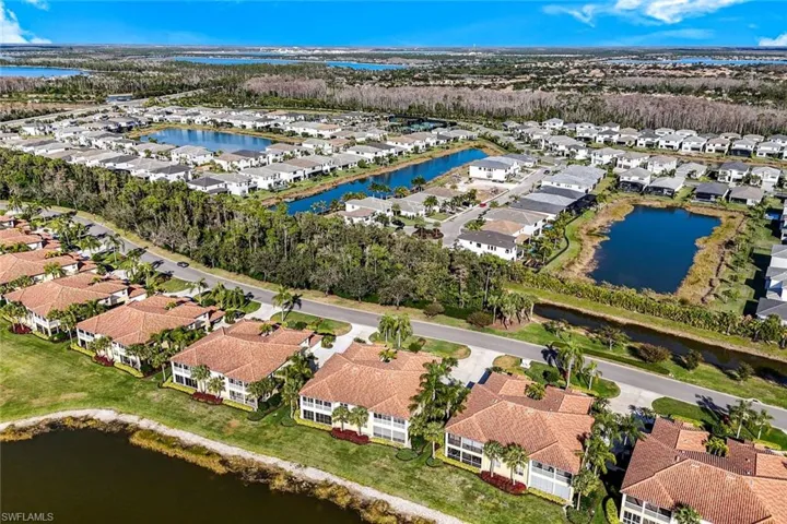Aerial perspective of suburban area featuring a large body of water