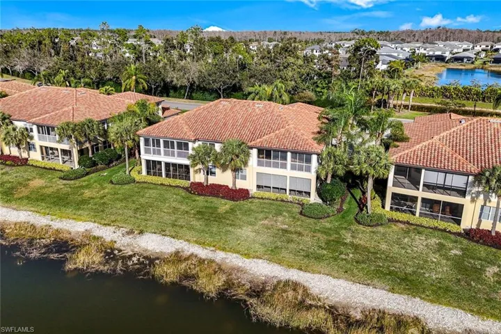 Aerial perspective of suburban area with a nearby body of water