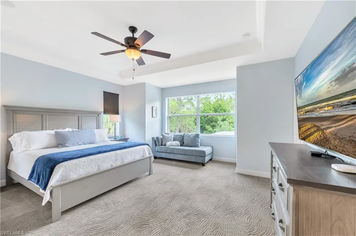 Bedroom featuring a tray ceiling, light colored carpet, and a ceiling fan
