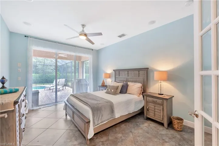 Bedroom featuring access to outside and a ceiling fan