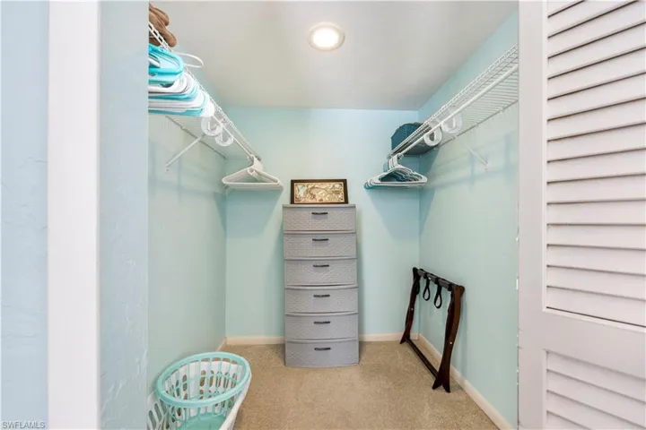 Walk in closet featuring light colored carpet