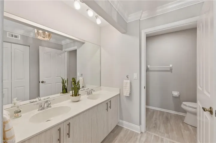 Bathroom with ornamental molding, double vanity, and light wood-type flooring