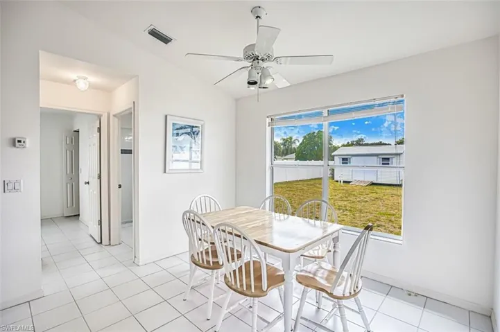 Dining area with large window.