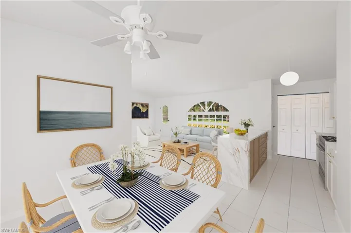 Virtual renovation of kitchen and virutally staged dining and living area