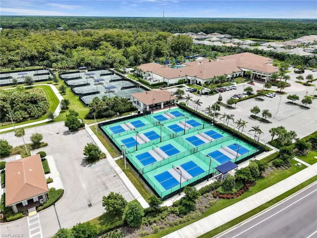 Aerial view of pickleball courts and clubhouse