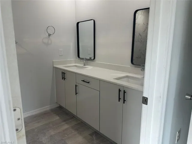 Bathroom with vanity and wood-type flooring