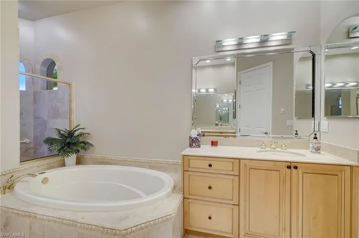 Bathroom featuring vanity and shower with separate bathtub
