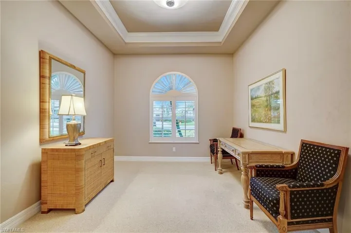 Den/Flex Room featuring carpet floors, a raised ceiling, and crown molding