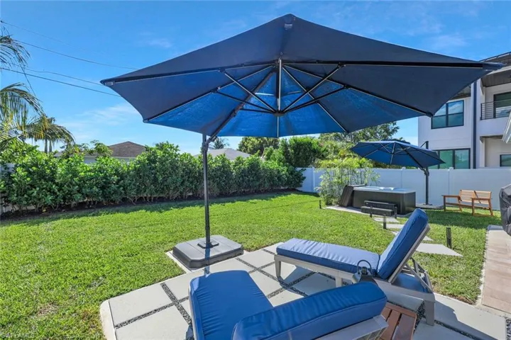 Fenced backyard with a patio area, a hot tub, and an outdoor hangout area