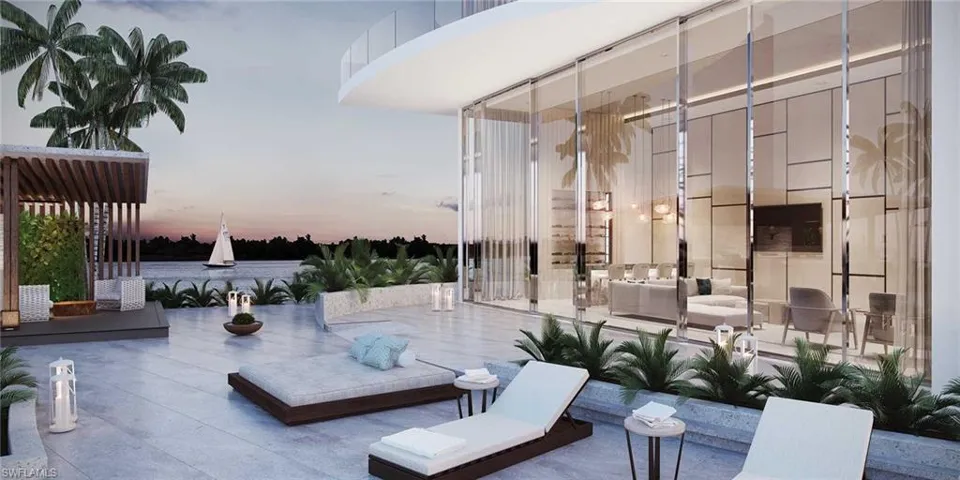 View of patio terrace at dusk