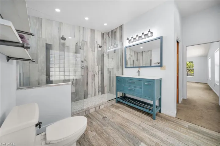 Updated Master Bathroom with Double Shower heads  glass front shower, Pocket Doors