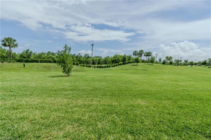 Expansive green lawn with gentle rolling hills and scattered trees