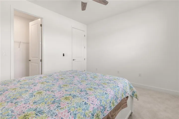 Bedroom featuring ceiling fan, carpet, a closet, and a walk in closet