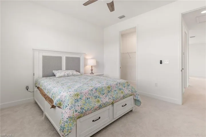 Carpeted bedroom featuring a walk in closet, a closet, and ceiling fan