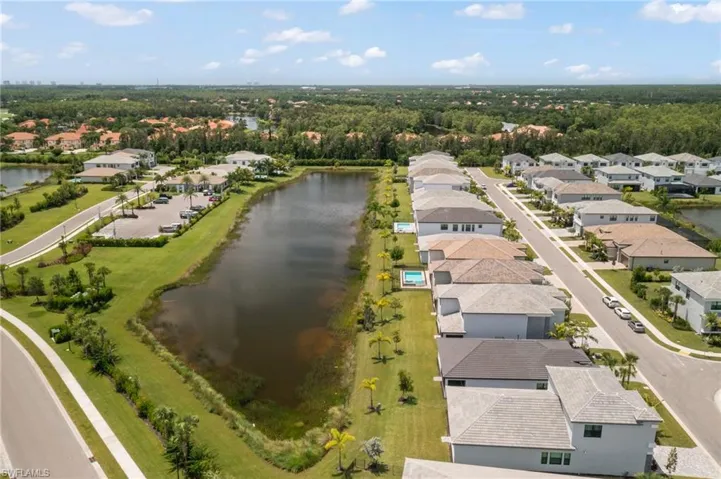 Birds eye view of property with a water view