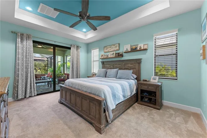 Bedroom with a raised ceiling, light carpet, access to exterior, and multiple windows