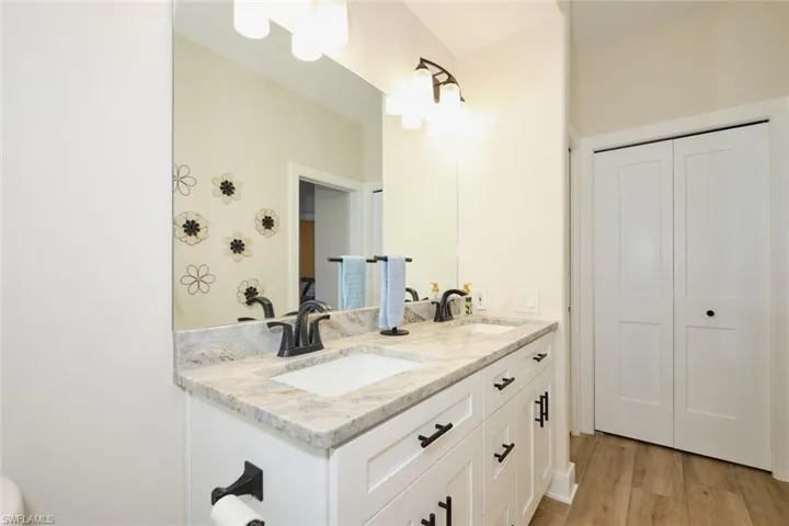 Bathroom with vanity and wood-type flooring