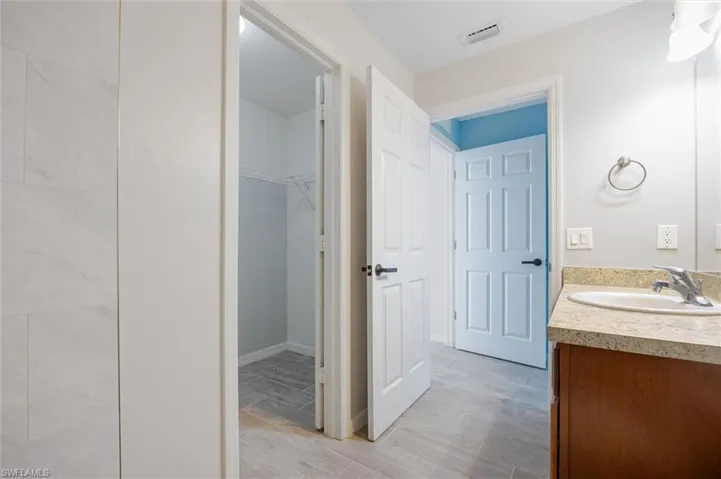 Bathroom featuring vanity, a walk in closet, and light wood-type flooring