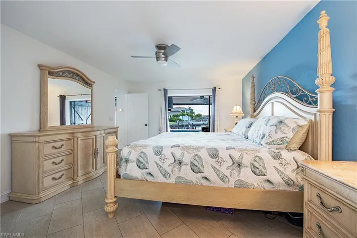 Bedroom featuring access to exterior and a ceiling fan