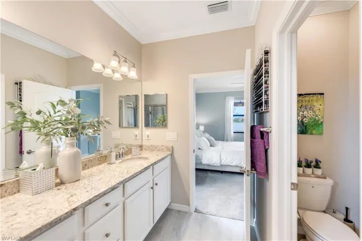 Bathroom featuring toilet, ornamental molding, hardwood / wood-style flooring, and vanity