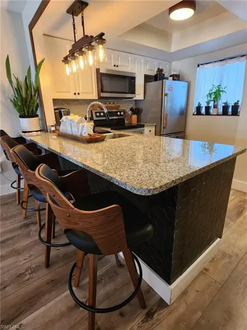 Kitchen featuring white cabinets, a raised ceiling, hanging light fixtures, a peninsula, and stainless steel appliances