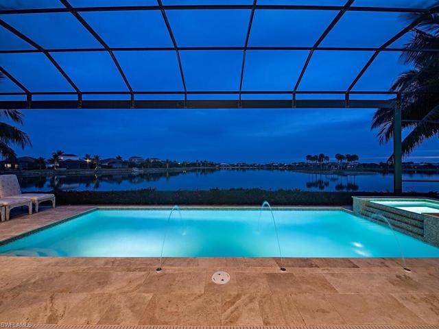Dusk views from the pool area with water feature