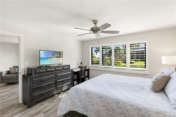 Bedroom windows have plantation shutters and black out blinds.