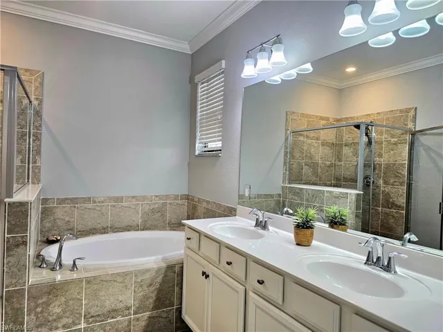 Bathroom featuring plus walk in shower, vanity, and crown molding
