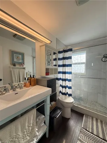 Full bathroom featuring toilet, a stall shower, wood finished floors, and vanity