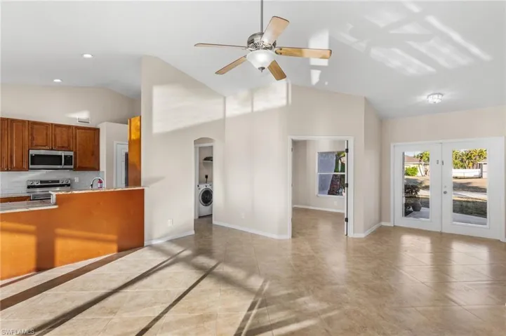 Home is separated in the middle by the kitchen, living room and office.