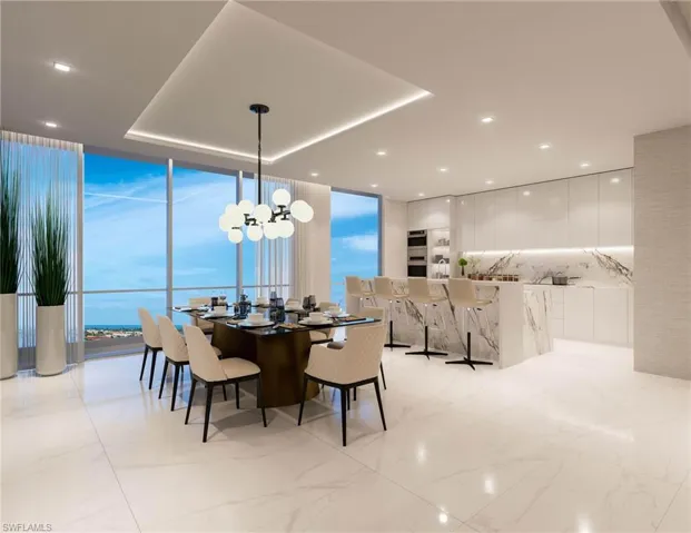 Dining area with a notable chandelier, a wall of windows, a wealth of natural light, and light tile floors