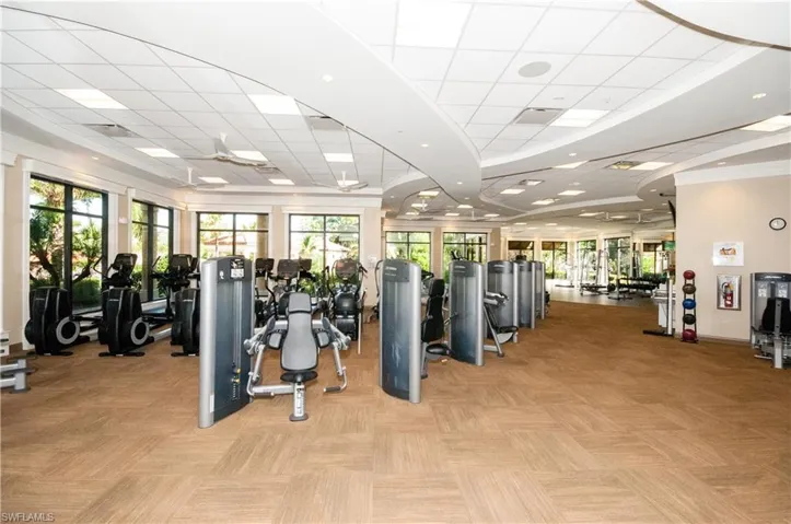 Gym with light colored carpet, plenty of natural light, and a drop ceiling