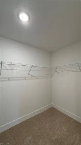 Built-in wire shelving system with an integrated ceiling light fixture and carpet flooring