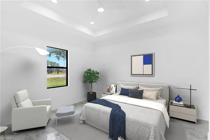 Virtually Staged. Spacious bedroom featuring a tray ceiling with recessed lighting, a ceiling fan, a large window with a black frame, and light-toned flooring
