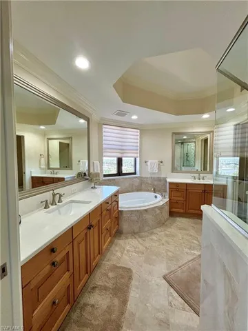 Master Bathroom with vanity, crown molding, tiled tub, and a tray ceiling