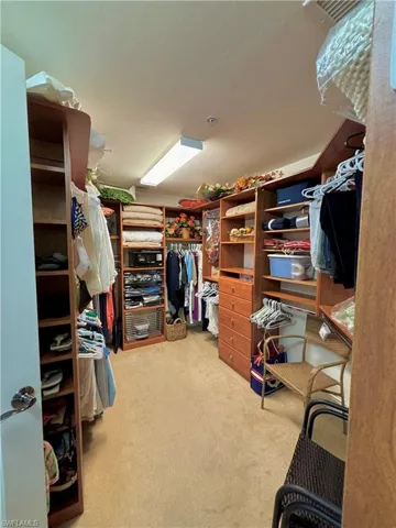 Master closet with carpet floors and custom cabinets