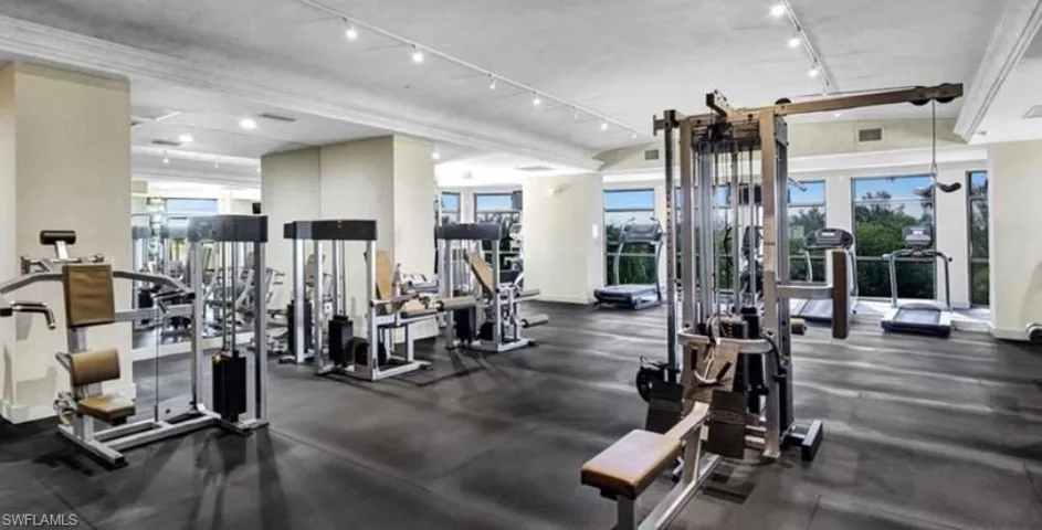 Exercise room with track lighting and plenty of natural light