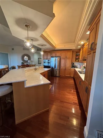 Kitchen with pendant lighting, a spacious island, dark hardwood / wood-style floors, appliances with stainless steel finishes, and a tray ceiling