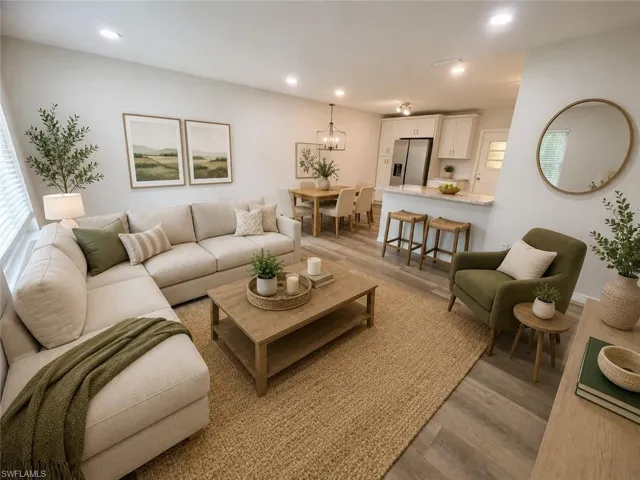 Open-concept living space featuring wood-finish flooring, recessed lighting, a kitchen with white cabinetry, a central island with a countertop, and a dining area with a chandelier