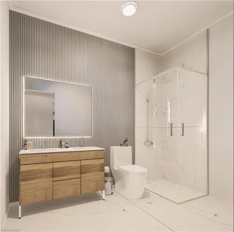 Full bath featuring toilet, marble finish floor, ornamental molding, a marble finish shower, and vanity