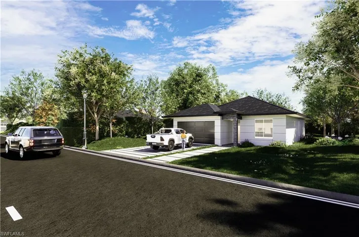 View of front facade featuring a garage, concrete driveway, and a front yard
