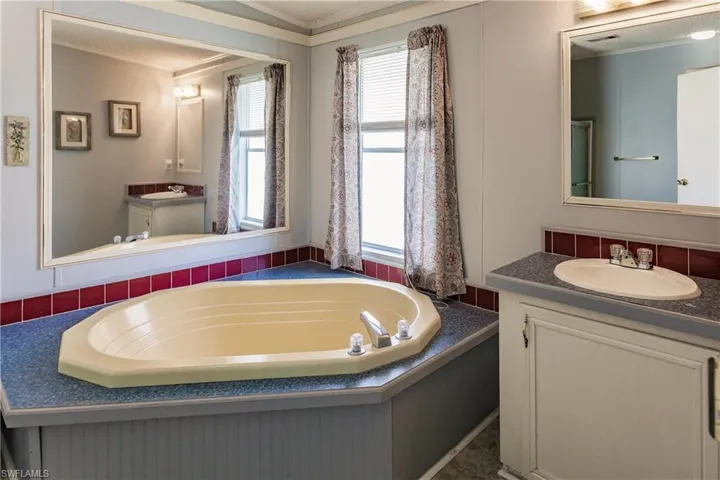 Bathroom featuring vanity, ornamental molding, and a tub