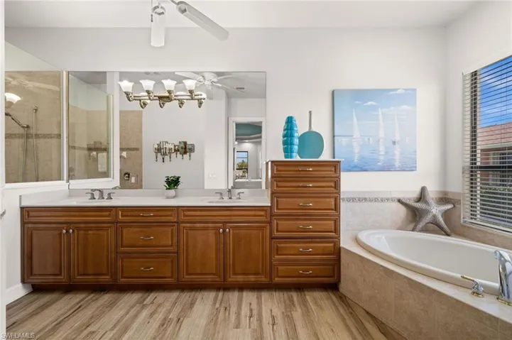 Primary Bathroom, dual sinks, tub and shower