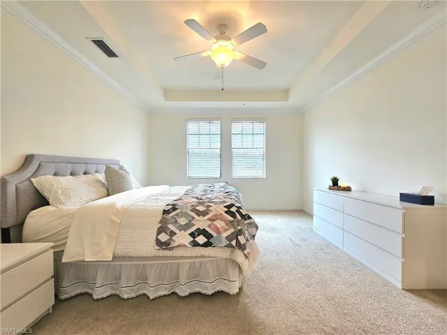 Carpeted bedroom with a ceiling fan, crown molding, visible vents, and a raised ceiling