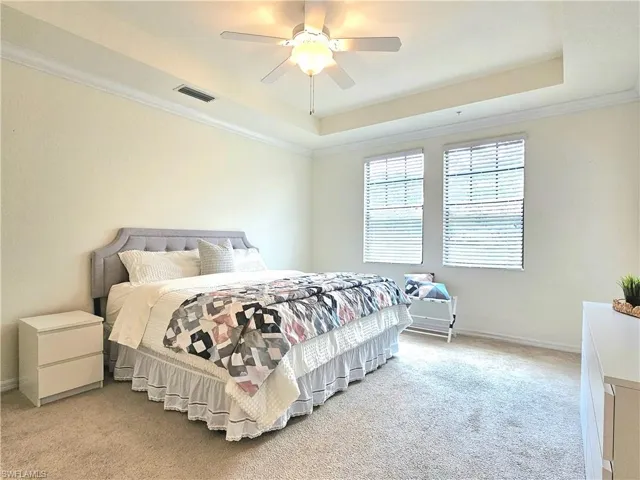 Carpeted bedroom with a ceiling fan, crown molding, a tray ceiling, baseboards, and visible vents