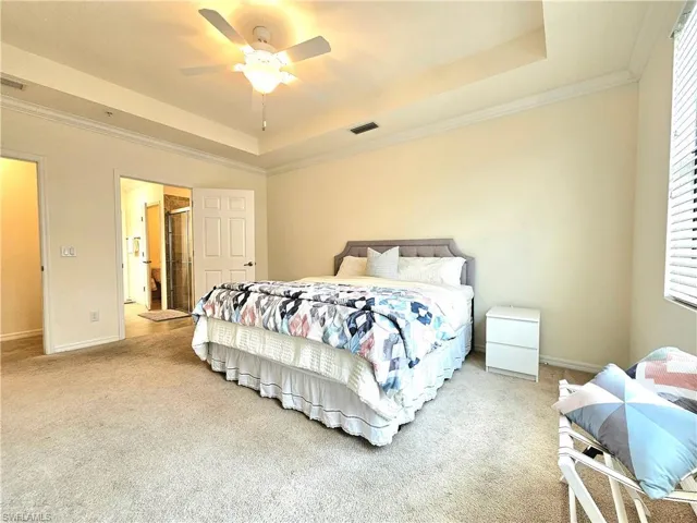 Bedroom with carpet, baseboards, visible vents, and a raised ceiling