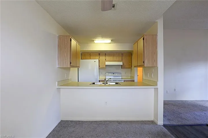 Kitchen featuring light countertops, white appliances, carpet flooring, a textured ceiling, and under cabinet range hood