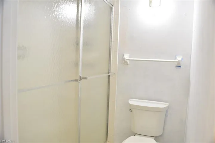 Bathroom featuring a shower with textured glass enclosure and white ceramic commode