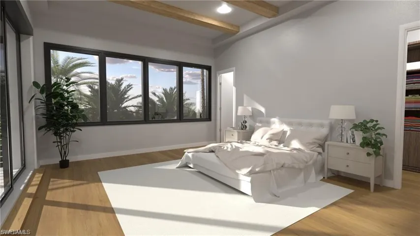 Proposed Bedroom with light wood-type flooring, beam ceiling, and recessed lighting