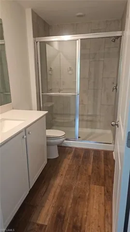 Bathroom featuring wood-finish flooring, a white vanity with an integrated sink, a glass-enclosed shower with tiled walls, and a white toilet
